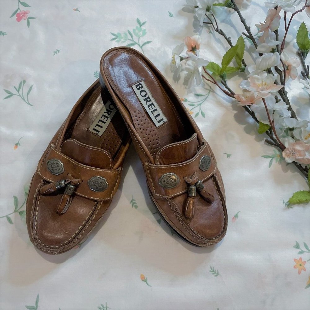 Vintage 90s Southwestern Brown Leather Mules w/ Silver Hardware and Tassles